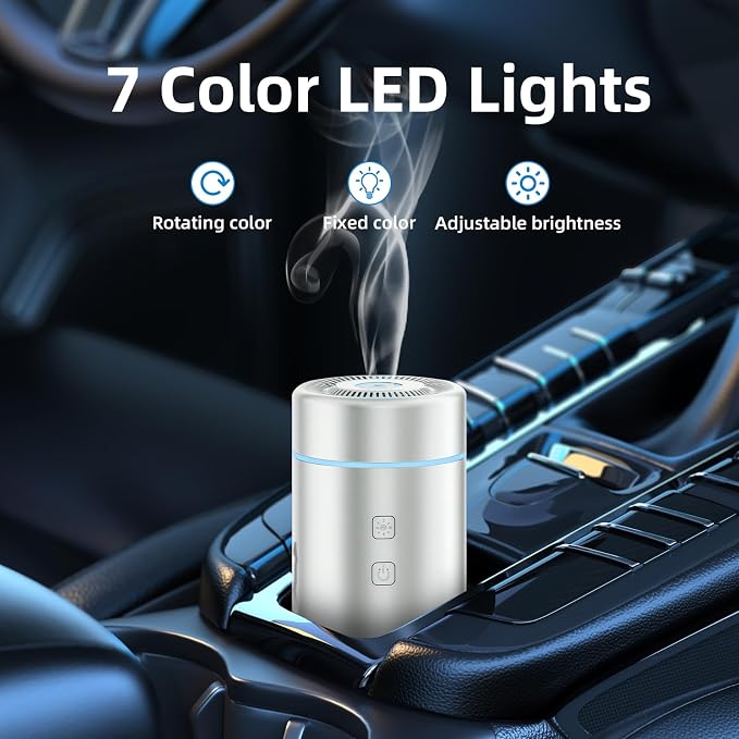 SEEDSEEL 100ML Car Essential Oil Diffuser, Rechargeable Battery Powered, Cordless Portable Aromatherapy Humidifier with 7 LED Color Lights 2 Timer Modes for Car Room Home Office (Silver)