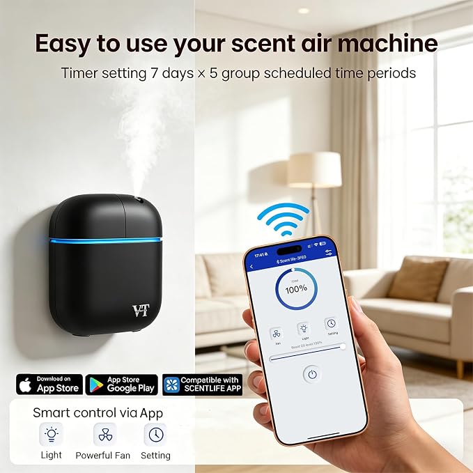Waterless Essential Oil Diffuser (2 Fragrances Included) 3000 Sq.Ft,Home Hotel Office Use,Cold Air Scent Machine, Bluetooth App Control,LED Light,Wall-Mounted Aroma Diffuser