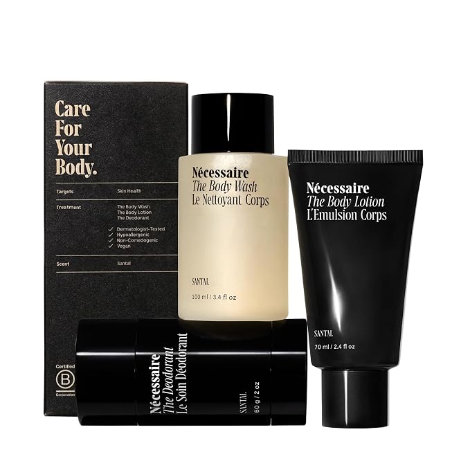 Nécessaire Body Essentials - Skin Care Gift Set For Women + Men - Travel-Size Body Wash, Body Lotion + Deodorant | Dermatologist-Tested. Hypoallergenic | Vegan | Aluminum-Free Deodorant (Santal)