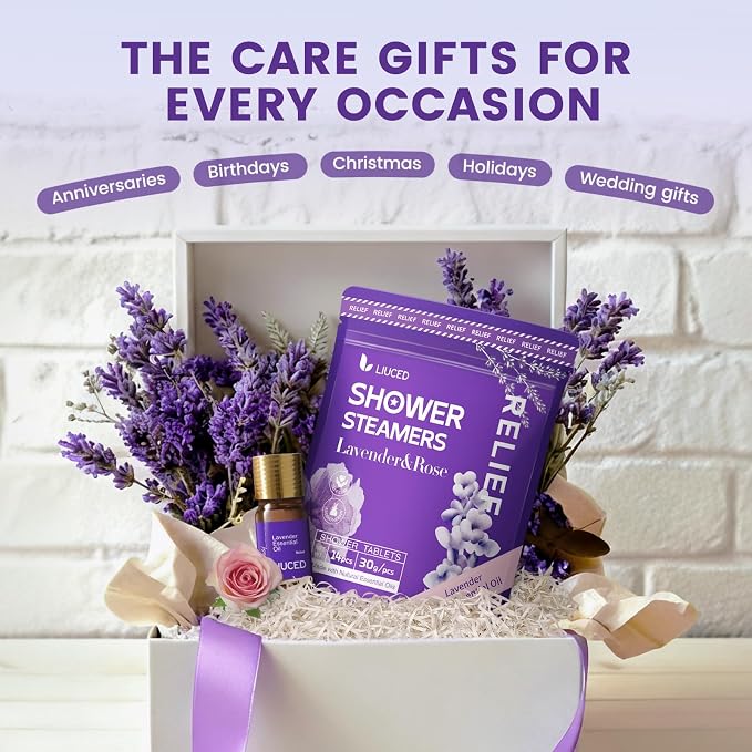 Shower Steamers Aromatherapy - 14 Pack Lavender & Rose Shower Bombs and 5ml Natural Lavender Essential Oils, Birthday Day Gifts for Mom Wife, Self Care Stress Relief Gifts for Women Her