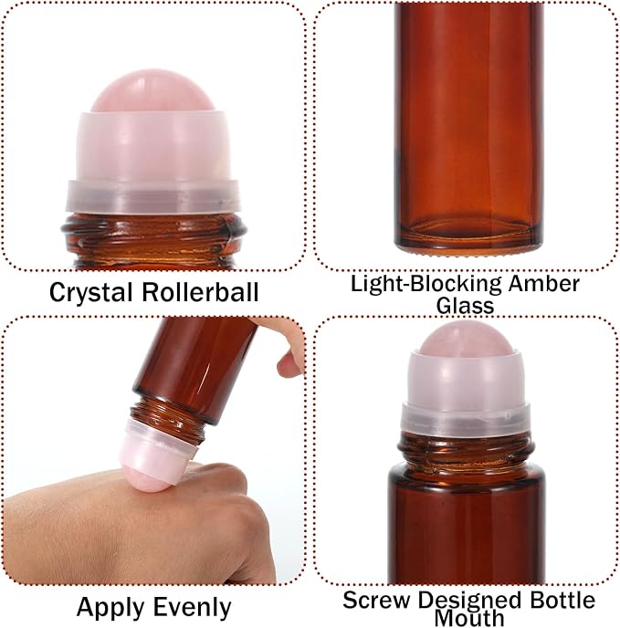 2 Pack 1.7oz Large Amber Glass Roll on Bottles for Essential Oils, Refillable Roller Ball Applicator with Rose Quartz Roller Ball, Perfume Deodorant Containers, Leak-Proof for Aromatherapy & Skincare