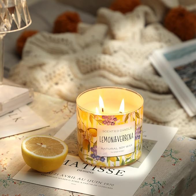 Lemon Candle, Lemon Verbena Scented Candle, Large 3 Wicks Candle, 14 oz