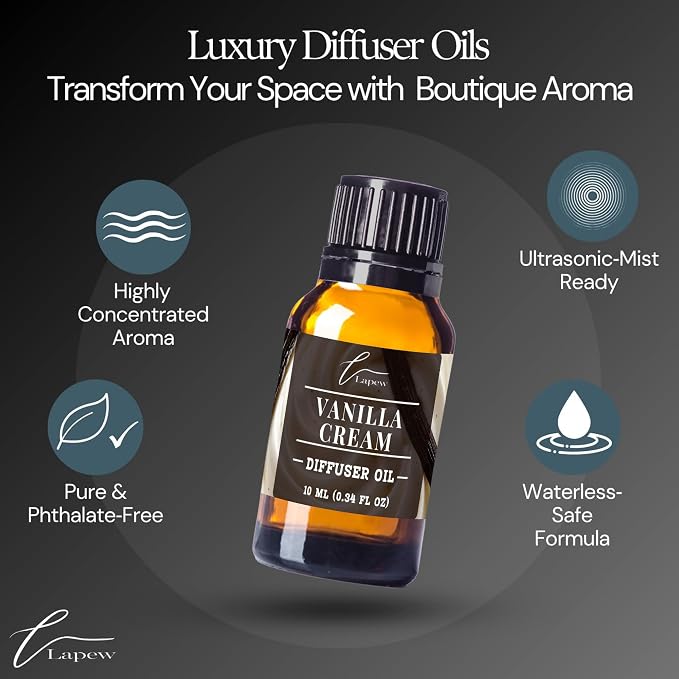 Lapew Vanilla Cream Waterless Diffuser Oil | Fragrance Oil for Nebulizer & Cold Air Diffusers | Scented Home Oil | 0.34 fl oz