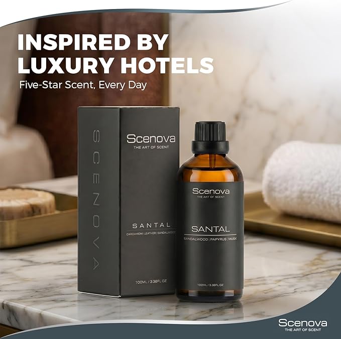 Santal Diffuser Oil, Sandalwood, Papyrus, Cardamom, Max Concentration, 100ml 3.4 Fl Oz. Aromatherapy, IFRA Certified. Non GMO, Child and Pet Safe.
