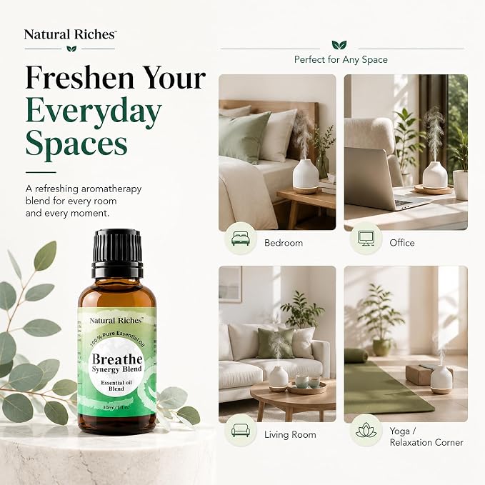 Natural Riches Breathe Essential Oil Blend Breathe Easy with Peppermint Eucalyptus Tea Tree Lemon Cardamom Pine Needle Essential Oils - 2 x 30 ml