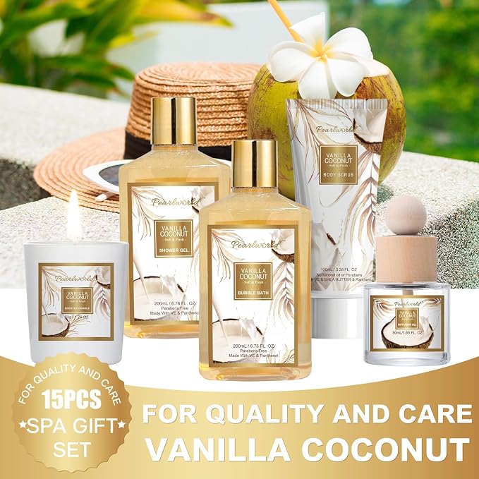 Mother's Day Gifts Basket for Women, 15pcs Vanilla Coconut Bath Set with Shower Gel, Bubble Bath, Diffuser Oil, Scented Candle, Skin Care Kit Birthday Gift for Women