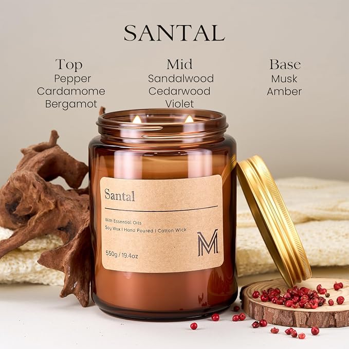M&SENSE Santal Scented Large Candle, 19.4oz Aromatherapy Candle for Home Fragrance, Natural Organic Soy Wax Long-Lasting for Stress Relief, Yoga, Gifting for Birthday, Housewarming