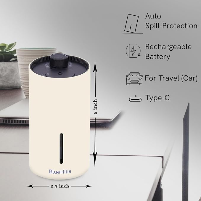 BlueHills Waterless Cordless Essential Oil Diffuser for Home Car Office Hotel Travel Long Runtime Compact Premium Small Aroma Diffuser – J09 Beige