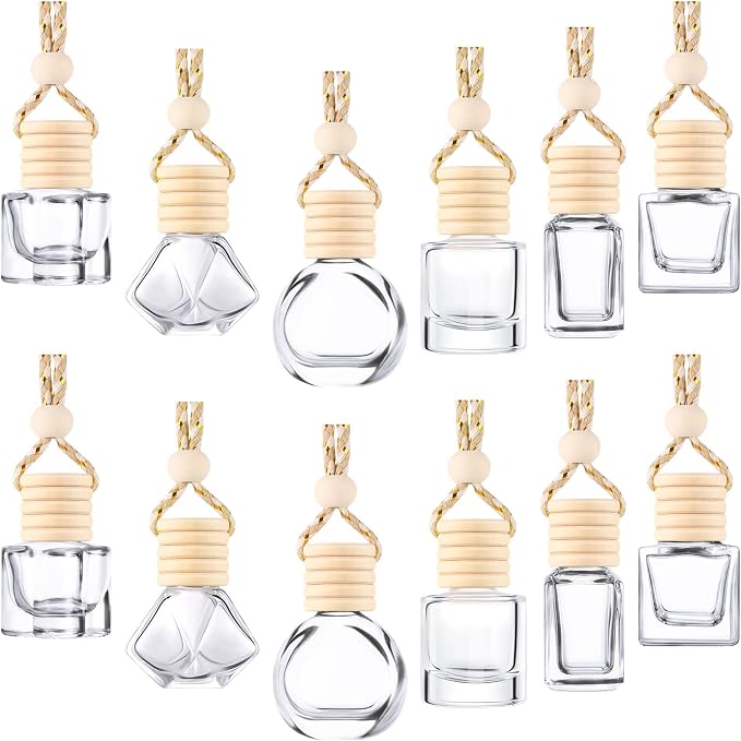 Patelai 12 Pcs 8ml Hanging Car Air Freshener Diffuser Bottle Empty Clear Glass Essential Perfume Oil Aromatherapy Fragrance Perfume Pendant Glass Bottle Decor with Wooden Caps(Assorted Style)