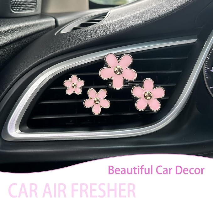 ORIESSE Flowers Car Accessories,4pcs Pink Daisy Air Vent Clips Car Air Freshener,4 Sizes Light Pink Flower Vent Clips Car Decor for Women,Refillable Diffuser