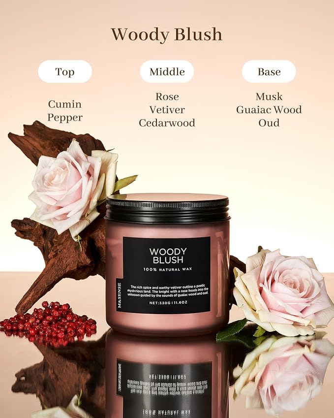 M&SENSE Rose Oud Scented Candles for Home, 11.6oz Organic Natural Soy Wax, 70-Hour Long Lasting Slow Burning, Non Toxic Clean Burn, Floral Scent for Stress Relief, Aromatherapy Gifts for Family