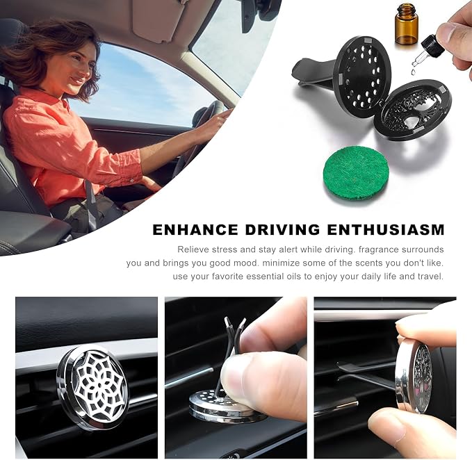 KVAEY 2PCS 30mm Car Diffuser Vent Clips, Tree of Life Aromatherapy Essential Oil Diffuser Locket with 12 Felt Pads, Stainless Steel Car Diffuser Locket Air Freshener (Silver)