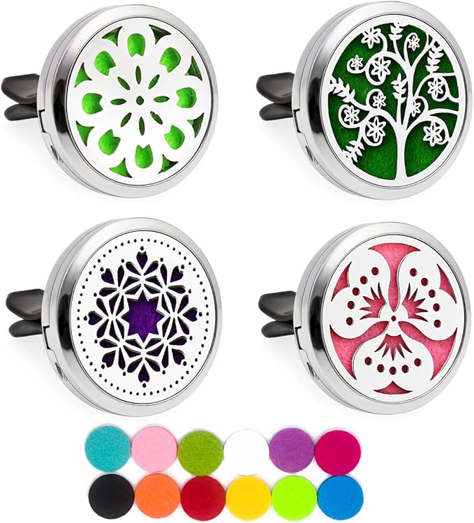 Car Diffuser Vent Clip, 4 Packs Aromatherapy Essential Oil Car Diffuser Vent Clips Magnetic Locket Scent Diffuser with 48 Refill Pads (3 Flowers and Tree)