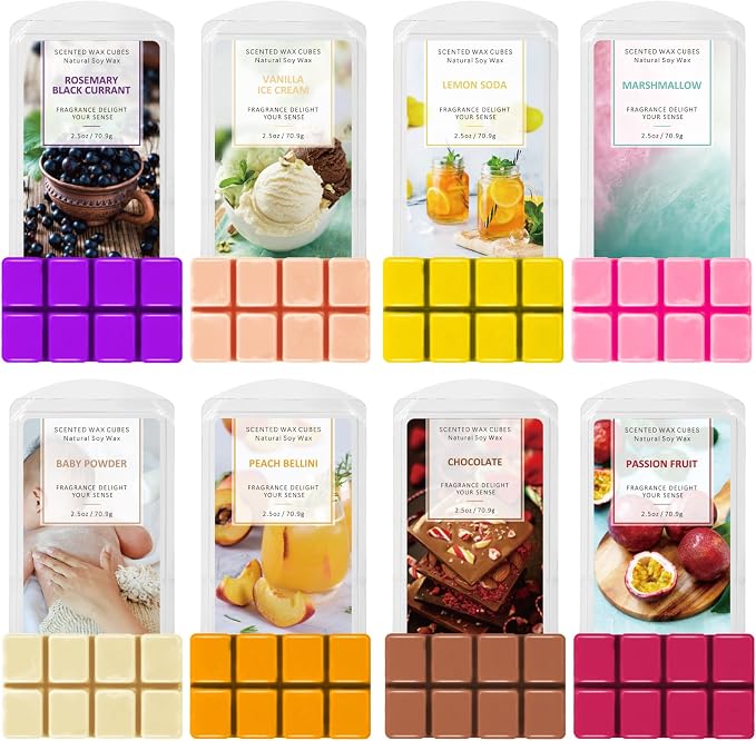 SCENTORINI Summer Soy Wax Melts 8 Pack for Wax Warmer, Scented Wax Cubes for Candle Warmers, Vanilla Ice Cream, Lemon Soda, Marshmallow, Passion Fruit, Long Lasting Home Fragrance