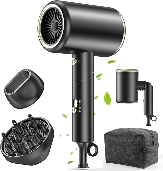 Hair Dryer with Diffuser, 150000 RPM Ionic Blow Dryer, Foldable Travel Hair Dryer with Nozzle, Lightweight Low Noise Fast Drying Hairdryer for Women Men, Portable Mini Hair Dryer, Black