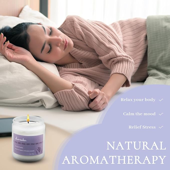 100% Natural Lavender Soy Wax Candle with Essential Oils, Relaxation & Sleep Aid, Eco-Friendly Cotton Wick, 50+ Hours Burn Time, Reusable Glass Jar (Lavender)