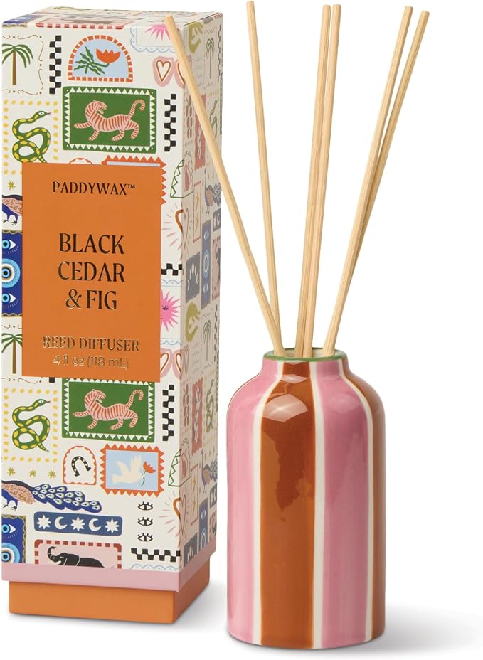 Paddywax A Dopo Reed Diffuser with Wooden Reeds, Long Lasting Home Fragrance Oil, Hand Painted Ceramic Vessel, Decorative Scent for Home, Giftable Box, 4 fl oz, Black Cedar& Fig