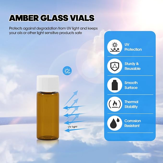 12PCS 10ml Amber Glass Vials with White Screw Caps and Plastic Stoppers, Leak-Proof Small Liquid Sample Bottles for Essential Oils, Perfumes, Reagents