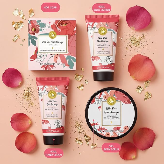 BODY & EARTH # LOVE Hand Cream Gifts Set for Women, 4PCS Wild Rose Bath and Body Gift Set with Hand Cream, Body Lotion, Body Scrub, Soap, Self Care Kit Spa Gifts for Women Birthday Gift for Her