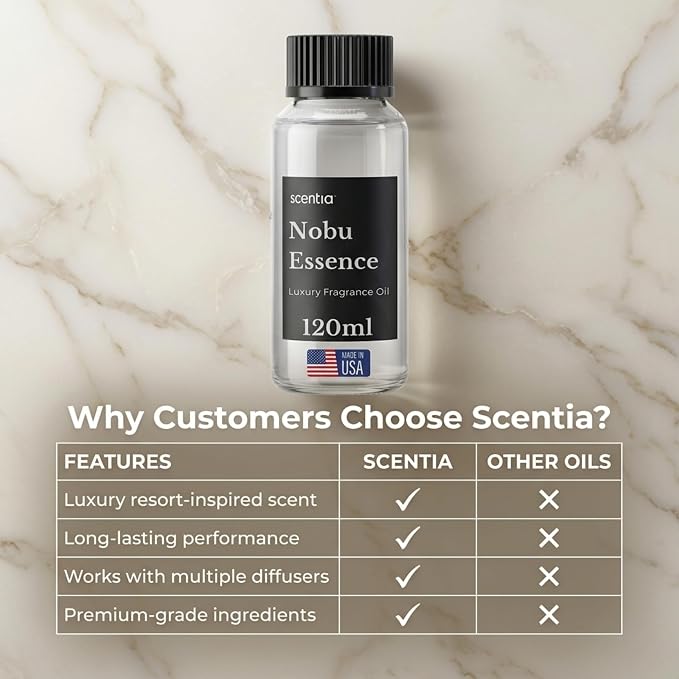 Scentia Nobu Essence Diffuser Oil Refill – Hotel Fragrance Oil Inspired by Nobu Hotel – 120 mL – Jasmine, Lily & Sandalwood Long-Lasting Scent for Ultrasonic & Waterless Diffusers, Made in USA
