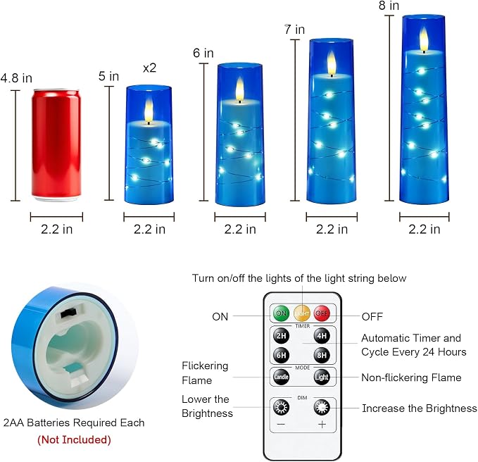 Raycare Independence Day Flameless Candle with Remote Timer – 5 Flickering Acrylic Battery Operated LED Pillar Candles with Embedded Star String for 4th of July Home Patriotic Decor, as a Gift (Blue)
