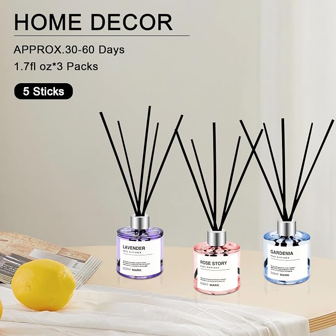 Reed Diffuser Set of 3 Pack,50ML Lavender Scented Oil Diffuser with 5 Sticks,Home Fragrance Reed Diffuser for Bedroom Bathroom Office (Lavander)