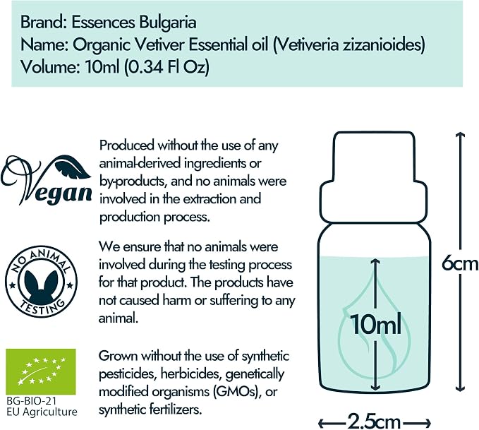Essences Bulgaria Organic Vetiver Essential Oil 0.34 Fl Oz | 10ml | Vetiveria zizanioides | 100% Pure and Natural | Undiluted | Therapeutic Grade | Aromatherapy | Cosmetics | Cruelty Free | Non-GMO