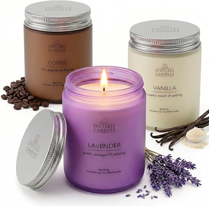 Aromatic Candles Three Pack - 3 x 8 oz Cotton Wick Candles Coloured Fosted Jars - Vanilla, Lavender and Coffee, Classic Candle Set for Men and Women by Spotless Leopard