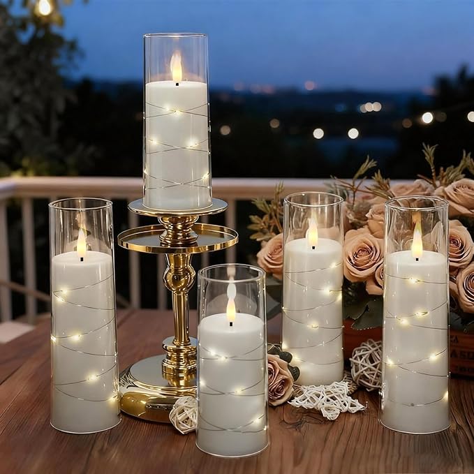 Raycare Flameless Candle with Remote Timer – 5 Flickering Acrylic Battery Operated LED Pillar Candles with Embedded Star String for Christmas, Wedding, Home Decor, and as a Gift(White)
