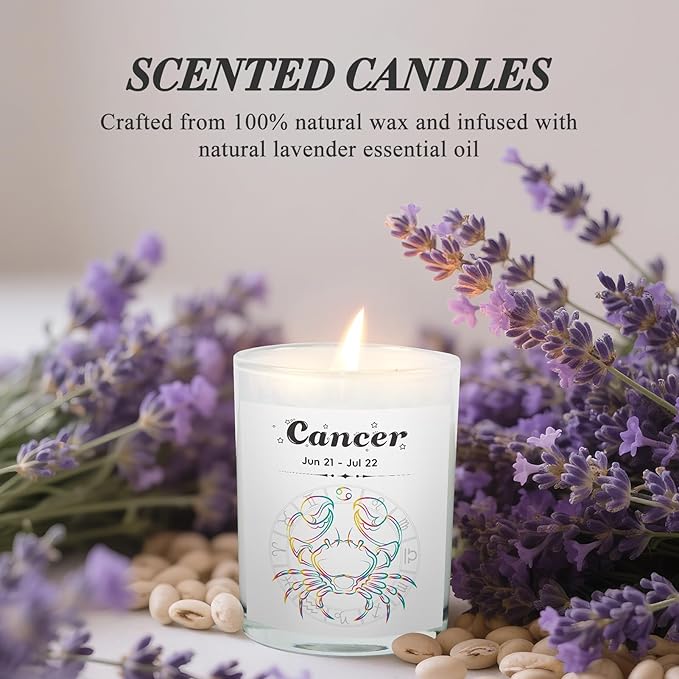 Cancer Gifts for Women, Zodiac Cancer Candle with Healing Crystals, Astrology Birthday Gifts for Women, Mom, Sister, Friends, Meditation, Yoga, Relaxation (7oz)