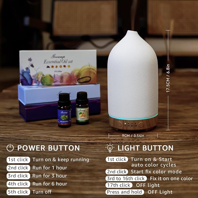 Gooamp 200ML Ceramic Essential Oil Diffuser (Set of 2) - Ultrasonic Aromatherapy & Humidifier with 7-Color LED Lights, Auto Shut-Off, Wood Grain Base, 1H/3H/6H Timer | Scent for Home, Office, Yoga