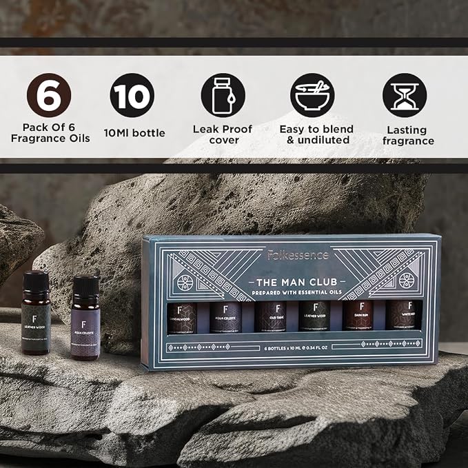 Folkulture Men Essential Oils Set for Diffuser, Father's Day & Birthday Gift for Men - 6x10ml Fragrance Oils for Candle Making, Scented Oil Gift Set,Oud,White Musk,Tobacco,Sandalwood & Leather Wood