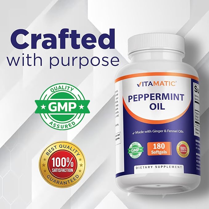 Vitamatic Peppermint Oil Gel with Ginger & Fennel Oils, 550mg per Serving, 180 Softgels