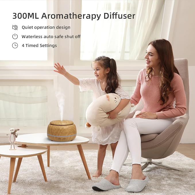 SPLITSKY 300ML Essential Oil Diffusers for Home,Ultrasonic Aromatherapy Diffuser with Remote,7 Color LED Lights,4 Timers,8 Hours Quiet Operation,Auto-Off,for Bedroom, Home,Office(Light Wood)