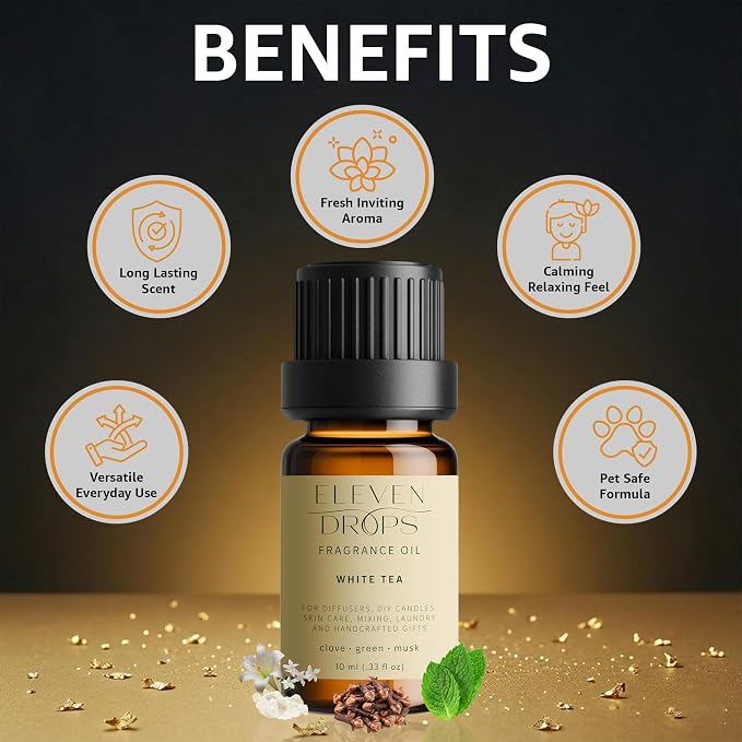 White Tea Fragrance Oil | Clove, Green & Musk Notes | Long Lasting Scent Reed Diffuser Oil for Home, Office, Hotel, Spa, Car & Linen Spray | Pet Friendly IFRA Compliant, 10 ml