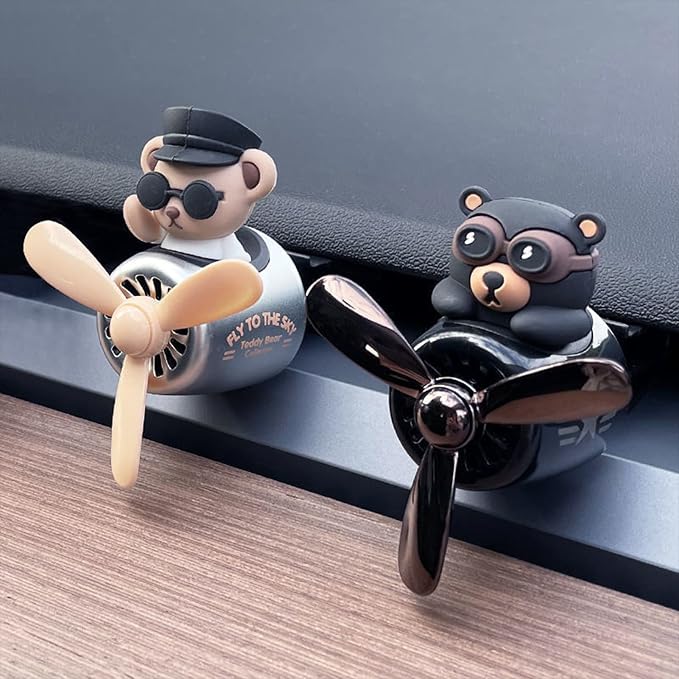 2 Pcs Pilot Car Air Freshener, Cute Duck Car Vent Clip Air Freshener Automotive Air Outlet Fan Diffuser, Automotive Interiors Vent Decoration (Dog+Bear)