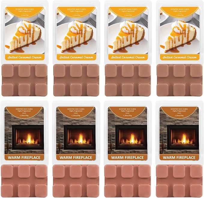 SCENTORINI Wax Melts, Wax Cubes Strong Scent, 4 Salted Caramel Cream & 4 Warm Fireplace Summer Scented Wax Melts, Soy Wax Melts for Warmer, Home Fragrances