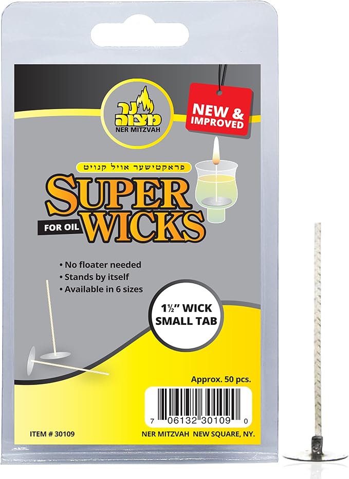Self Standing Cotton Wicks for Glass Oil Cup - 50 Pack, Tabs, 1.5" Wicks - No Floater Needed - for Candle Lighting, Multipurpose - by Ner Mitzvah (Small)