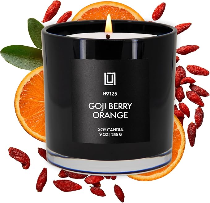 Lulu Candles | Goji Berry & Orange | Bright Citrus & Sweet Berry Scent | Luxury Scented Soy Candle | Strong Scent Throw | Long Lasting | 9 Oz