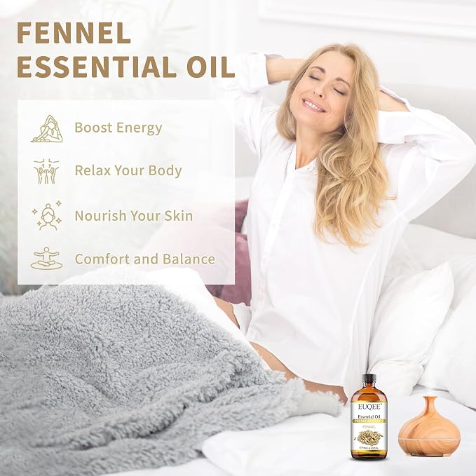 EUQEE Fennel Essential Oil 4Fl.Oz Pure Fennel Oil with Glass Dropper for Skin, Aromatherapy, Diffuser, Soap Making, Candle Making - 118ml