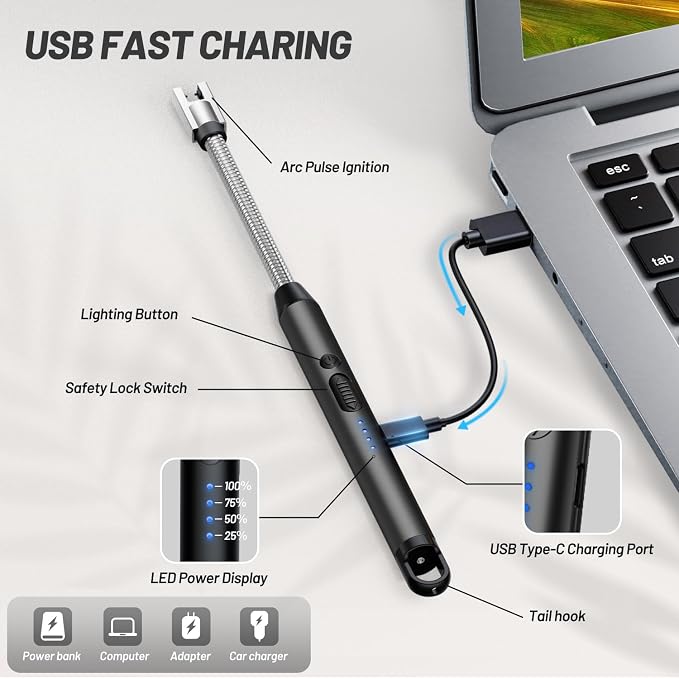 VEHHE Electric Lighter with 360° Flexible Neck, Flameless Windproof Long Candle Lighter with Led Battery Display, USB C Rechargeable with Hanging Hook for Gifts BBQ Fireworks (Black)