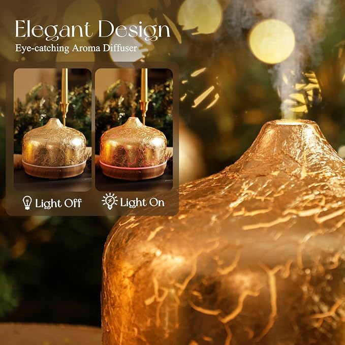 Porseme 500ml Glass Essential Oil Diffuser Aromatherapy Ultrasonic Cool Mist Humidifier 15-21 Running Hours Waterless Auto-Off Air Diffusers for Sleeping Yoga Working Spa(Gold Plated)