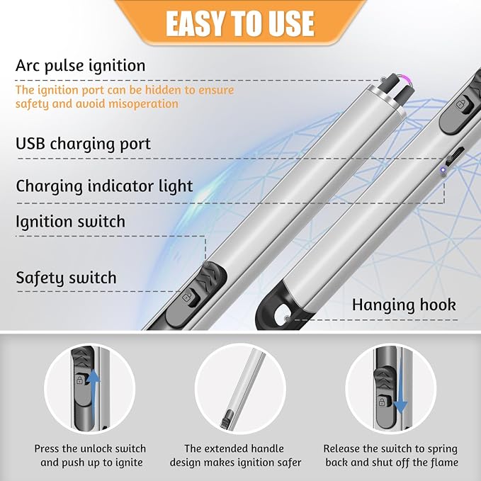 2 Pack Electric Candle Lighters, USB Rechargeable Lighter with Windproof Flameless & Extended Handle, Suitable for Candles, BBQ, Camping, Gas Stove, Festivals Gift (Sliver, 2 Packs-B)