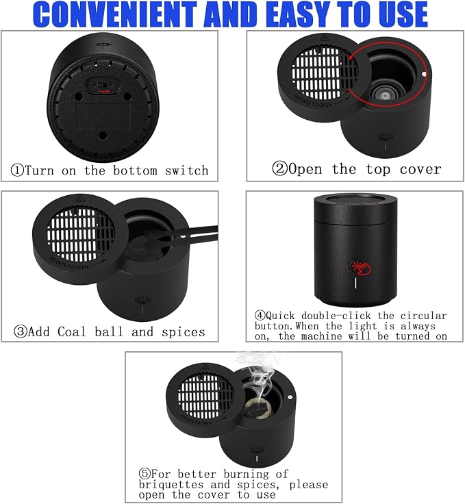Incense Burner, Portable Rechargeable USB Aroma Diffuser, Special Coal briquette Incense Burner, Arabic Electronic Incense Burner, Home décor (Black)