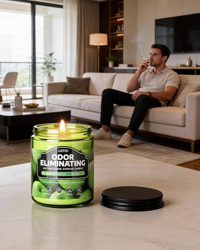 AOOVOO Green Apple 2 Pack Odor Eliminating Highly Fragranced Candle - Eliminates 95% of Pet, Smoke, Food, and Other Smells Quickly, Air Freshing Soy Candle, Up to 100 Hours Burn time