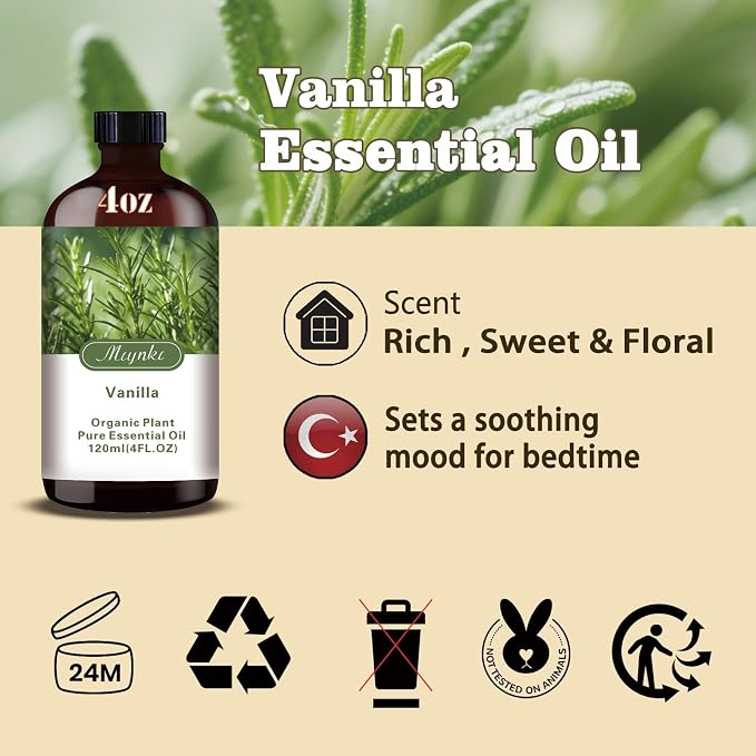 Vanilla Essential Oil, Vanilla Oil for Diffuser, Humidifier, DIY Candle, Soap, Sweet Warm Scent, Massage, Gift Ready,Vanilla Fragrance Oil - MLYNKL Essential Oils (4.33 fl oz / 130ml)
