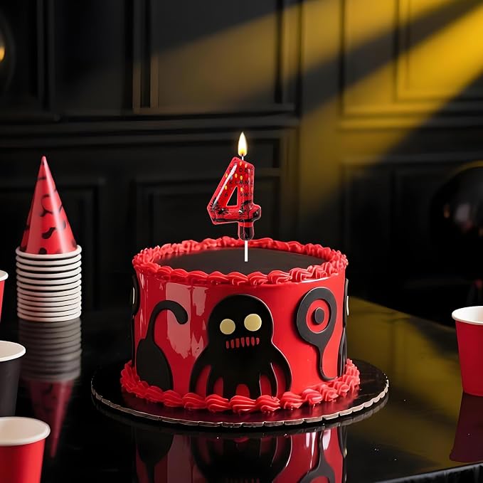 Red Number 4 Birthday Candle for Cake – Dark Horror Style with Alphabet Print & Shadow Design – Unique Cake Topper for Birthday, Anniversary, Themed Party Decoration