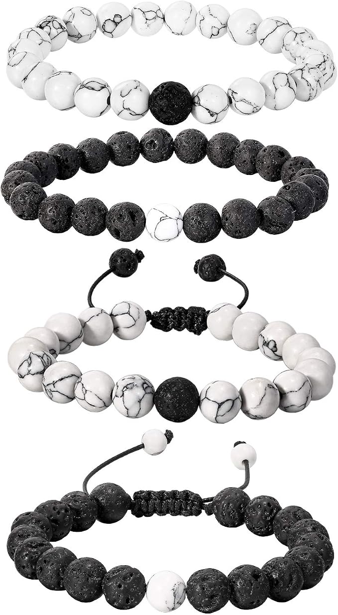 BBTO 4 Pcs Couples Bracelets Long Distance Matching Bracelets 8mm Howlite Beads Black Matte Agate for Couples Gift Religion Charm Friendship BFF Jewelry
