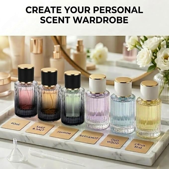 Empty Perfume Spray Bottles Set, Ribbed Glass Atomizer Refillable Portable Glass Atomizers with Funnel and Dropper, Fine Mist Spray for Women Men Dispenser Fragrance Container Set (6Pcs, Clear+Black)