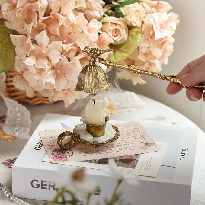 NIKKY HOME Gold Floral Candle Snuffer with Long Handle, Vintage Elegant Candle Extinguisher with Bird, Decorative Metal Wick Flame Snuffer Candle Accessory